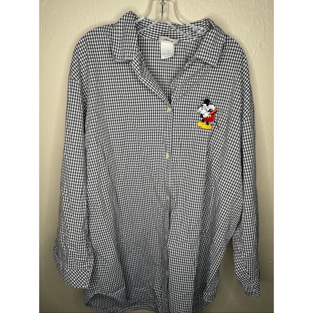 Vintage Walt Disney World Mickey Mouse Gingham Button-Up Shirt L/XL 100% Cotton1
